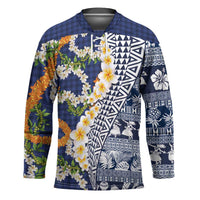 Hawaiian Plumeria Lei Hockey Jersey Kakau Motifs and Palaka Half Style Blue Color - Polynesian Pride