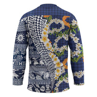Hawaiian Plumeria Lei Hockey Jersey Kakau Motifs and Palaka Half Style Blue Color - Polynesian Pride