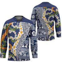 Hawaiian Plumeria Lei Hockey Jersey Kakau Motifs and Palaka Half Style Blue Color - Polynesian Pride