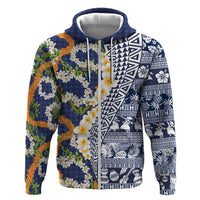 Hawaiian Plumeria Lei Hoodie Kakau Motifs and Palaka Half Style Blue Color - Polynesian Pride