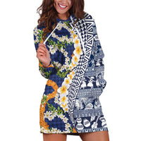 Hawaiian Plumeria Lei Hoodie Dress Kakau Motifs and Palaka Half Style Blue Color - Polynesian Pride