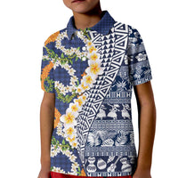 Hawaiian Plumeria Lei Kid Polo Shirt Kakau Motifs and Palaka Half Style Blue Color - Polynesian Pride