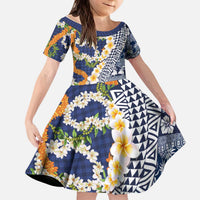 Hawaiian Plumeria Lei Kid Short Sleeve Dress Kakau Motifs and Palaka Half Style Blue Color LT03 KID Blue - Polynesian Pride