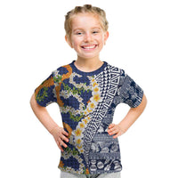 Hawaiian Plumeria Lei Kid T Shirt Kakau Motifs and Palaka Half Style Blue Color - Polynesian Pride