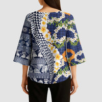 Hawaiian Plumeria Lei Kimono Sleeve Blouse Kakau Motifs and Palaka Half Style Blue Color - Polynesian Pride