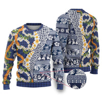 Hawaiian Plumeria Lei Ugly Christmas Sweater Kakau Motifs and Palaka Half Style Blue Color - Polynesian Pride