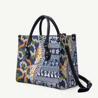 Hawaiian Plumeria Lei Leather Bag Kakau Motifs and Palaka Half Style Blue Color - Polynesian Pride