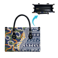 Hawaiian Plumeria Lei Leather Bag Kakau Motifs and Palaka Half Style Blue Color - Polynesian Pride