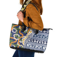 Hawaiian Plumeria Lei Leather Tote Bag Kakau Motifs and Palaka Half Style Blue Color - Polynesian Pride