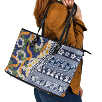 Hawaiian Plumeria Lei Leather Tote Bag Kakau Motifs and Palaka Half Style Blue Color - Polynesian Pride