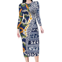 Hawaiian Plumeria Lei Long Sleeve Bodycon Dress Kakau Motifs and Palaka Half Style Blue Color - Polynesian Pride