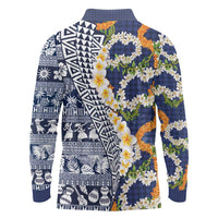 Hawaiian Plumeria Lei Long Sleeve Polo Shirt Kakau Motifs and Palaka Half Style Blue Color - Polynesian Pride