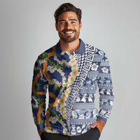 Hawaiian Plumeria Lei Long Sleeve Polo Shirt Kakau Motifs and Palaka Half Style Blue Color - Polynesian Pride