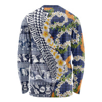 Hawaiian Plumeria Lei Long Sleeve Shirt Kakau Motifs and Palaka Half Style Blue Color - Polynesian Pride
