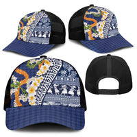 Hawaiian Plumeria Lei Mesh Trucker Cap Kakau Motifs and Palaka Half Style Blue Color - Polynesian Pride