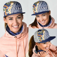 Hawaiian Plumeria Lei Mesh Trucker Cap Kakau Motifs and Palaka Half Style Blue Color - Polynesian Pride