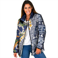 Hawaiian Plumeria Lei Padded Jacket Kakau Motifs and Palaka Half Style Blue Color - Polynesian Pride