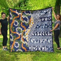 Hawaiian Plumeria Lei Quilt Kakau Motifs and Palaka Half Style Blue Color - Polynesian Pride