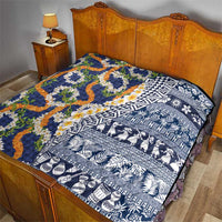 Hawaiian Plumeria Lei Quilt Kakau Motifs and Palaka Half Style Blue Color - Polynesian Pride