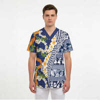 Hawaiian Plumeria Lei Scrub Top Kakau Motifs and Palaka Half Style Blue Color - Polynesian Pride