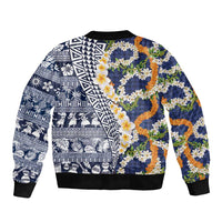 Hawaiian Plumeria Lei Sleeve Zip Bomber Jacket Kakau Motifs and Palaka Half Style Blue Color - Polynesian Pride