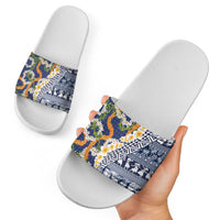 Hawaiian Plumeria Lei Slide Sandals Kakau Motifs and Palaka Half Style Blue Color - Polynesian Pride