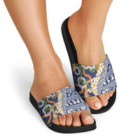 Hawaiian Plumeria Lei Slide Sandals Kakau Motifs and Palaka Half Style Blue Color - Polynesian Pride