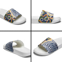 Hawaiian Plumeria Lei Slide Sandals Kakau Motifs and Palaka Half Style Blue Color - Polynesian Pride