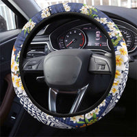 Hawaiian Plumeria Lei Steering Wheel Cover Kakau Motifs and Palaka Half Style Blue Color - Polynesian Pride