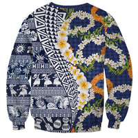 Hawaiian Plumeria Lei Sweatshirt Kakau Motifs and Palaka Half Style Blue Color - Polynesian Pride