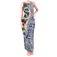 Hawaiian Plumeria Lei Tank Maxi Dress Kakau Motifs and Palaka Half Style Blue Color - Polynesian Pride