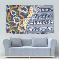 Hawaiian Plumeria Lei Tapestry Kakau Motifs and Palaka Half Style Blue Color - Polynesian Pride