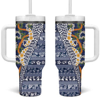 Hawaiian Plumeria Lei Tumbler With Handle Kakau Motifs and Palaka Half Style Blue Color - Polynesian Pride