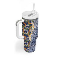 Hawaiian Plumeria Lei Tumbler With Handle Kakau Motifs and Palaka Half Style Blue Color - Polynesian Pride