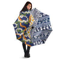 Hawaiian Plumeria Lei Umbrella Kakau Motifs and Palaka Half Style Blue Color - Polynesian Pride