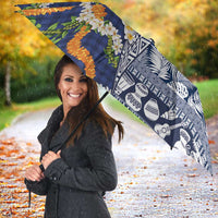Hawaiian Plumeria Lei Umbrella Kakau Motifs and Palaka Half Style Blue Color - Polynesian Pride