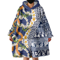 Hawaiian Plumeria Lei Wearable Blanket Hoodie Kakau Motifs and Palaka Half Style Blue Color - Polynesian Pride