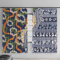 Hawaiian Plumeria Lei Window Curtain Kakau Motifs and Palaka Half Style Blue Color - Polynesian Pride