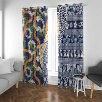 Hawaiian Plumeria Lei Window Curtain Kakau Motifs and Palaka Half Style Blue Color - Polynesian Pride