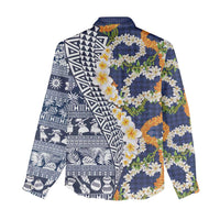 Hawaiian Plumeria Lei Women Casual Shirt Kakau Motifs and Palaka Half Style Blue Color - Polynesian Pride
