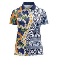 Hawaiian Plumeria Lei Women Polo Shirt Kakau Motifs and Palaka Half Style Blue Color - Polynesian Pride