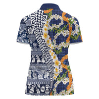 Hawaiian Plumeria Lei Women Polo Shirt Kakau Motifs and Palaka Half Style Blue Color - Polynesian Pride