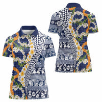 Hawaiian Plumeria Lei Women Polo Shirt Kakau Motifs and Palaka Half Style Blue Color - Polynesian Pride