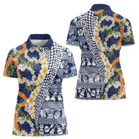 Hawaiian Plumeria Lei Women Polo Shirt Kakau Motifs and Palaka Half Style Blue Color - Polynesian Pride