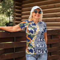 Hawaiian Plumeria Lei Women Polo Shirt Kakau Motifs and Palaka Half Style Blue Color - Polynesian Pride