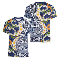 Hawaiian Plumeria Lei Women V-Neck T-Shirt Kakau Motifs and Palaka Half Style Blue Color - Polynesian Pride