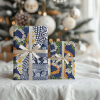Hawaiian Plumeria Lei Wrapping Paper Kakau Motifs and Palaka Half Style Blue Color - Polynesian Pride
