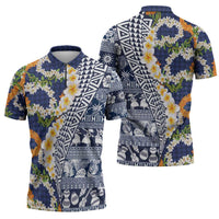 Hawaiian Plumeria Lei Zipper Polo Shirt Kakau Motifs and Palaka Half Style Blue Color - Polynesian Pride
