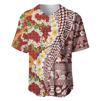 Hawaiian Plumeria Lei Baseball Jersey Kakau Motifs and Palaka Half Style Red Color - Polynesian Pride