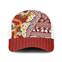 Hawaiian Plumeria Lei Baseball Net Cap Kakau Motifs and Palaka Half Style Red Color - Polynesian Pride